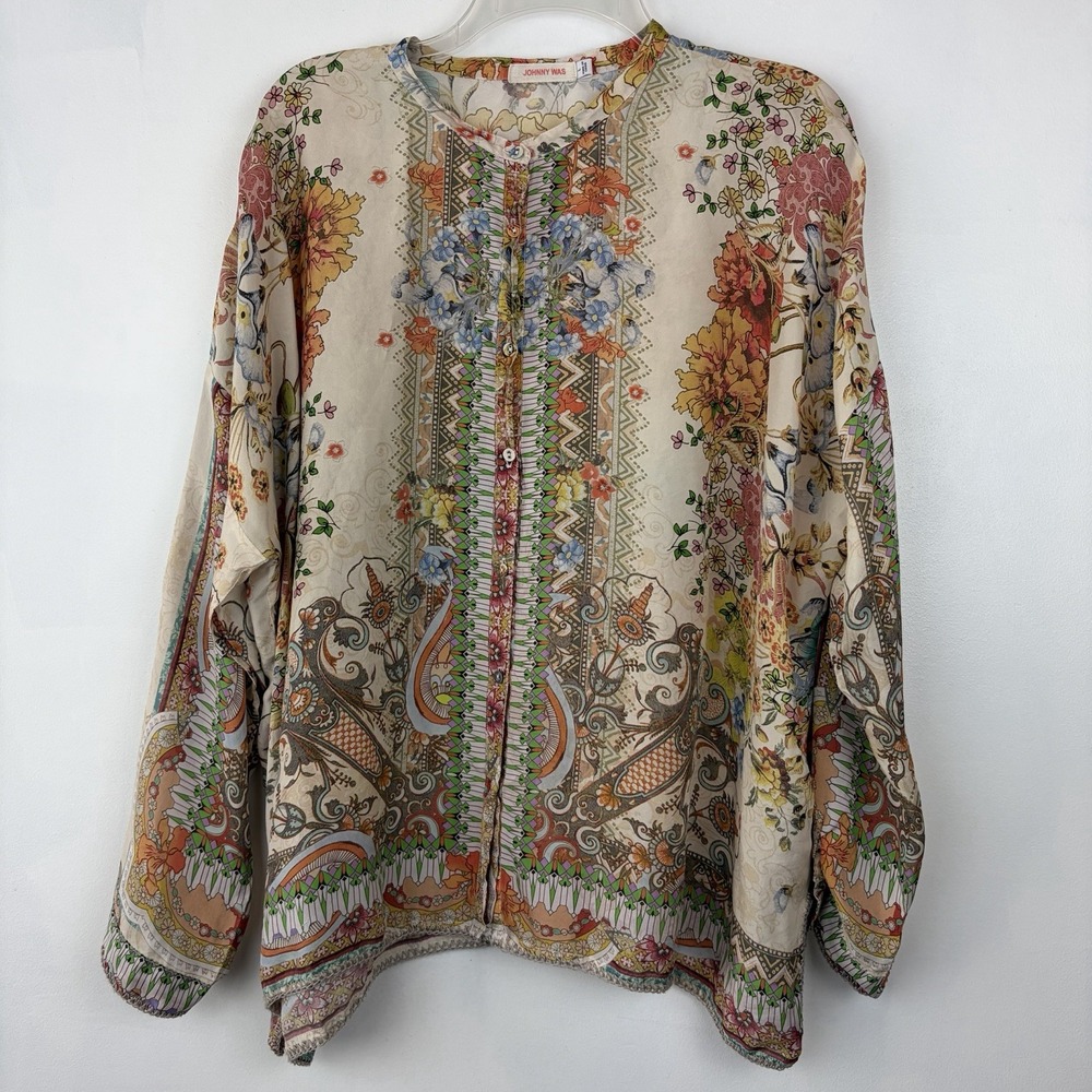 Jonny Was Silk Tunic Top Womens Large Floral Button Down Boho Hippie Oversized